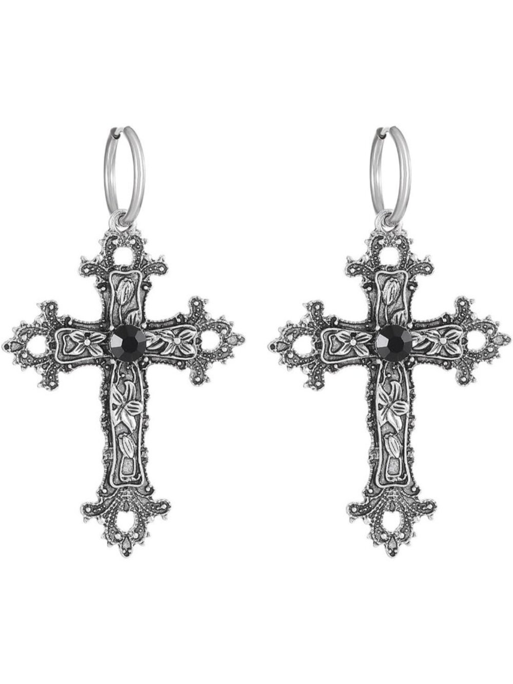 Women's Black Vintage Cross Drop Dangle Crystal Hoop Goth Punk Halloween Earring